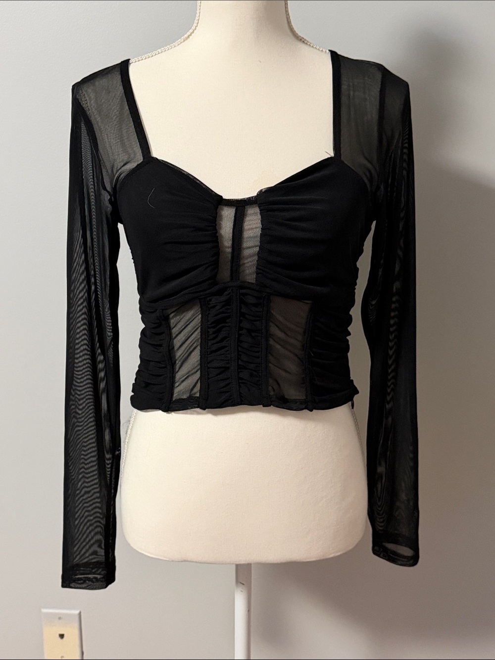 Karen Millen Black Sheer Mesh Corset Top | Ruched Bust | Long Sleeve | size 10